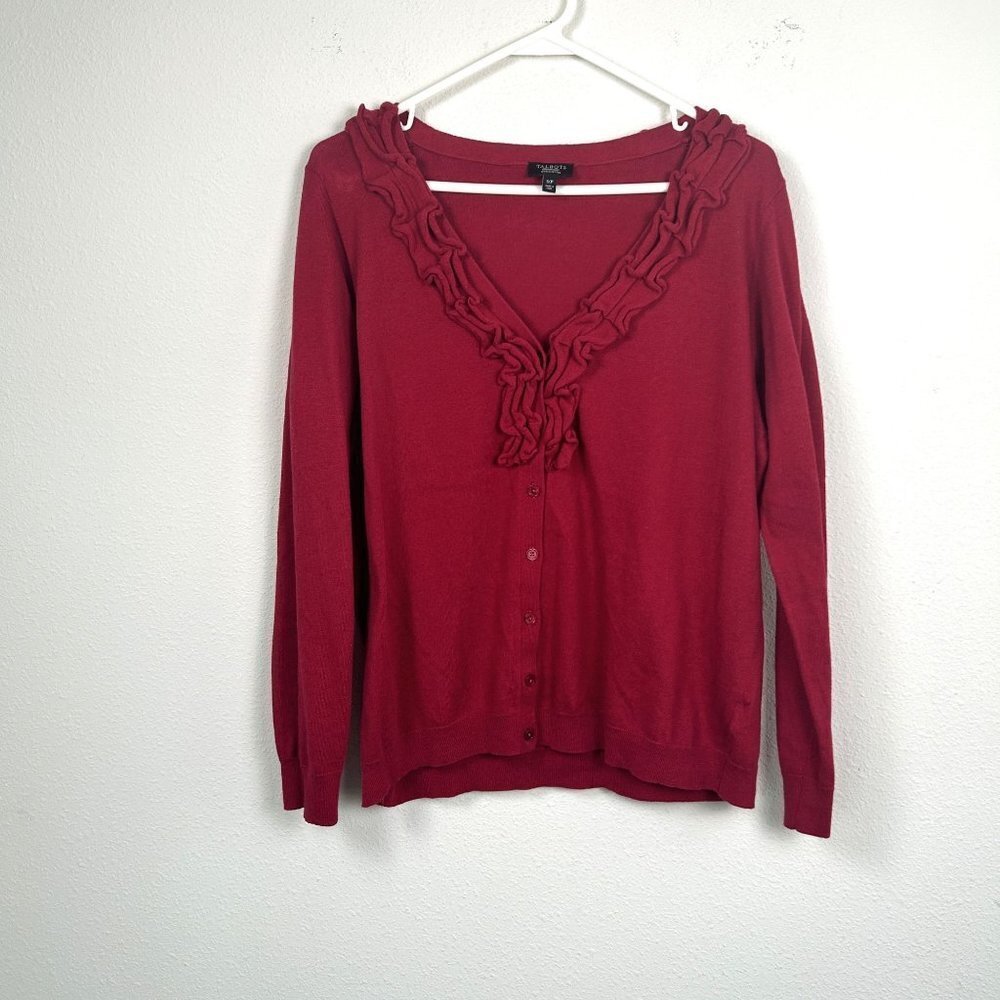 Talbots Cardigan Sweater Women 1XP Red Ruffle V Neck Wool Blend